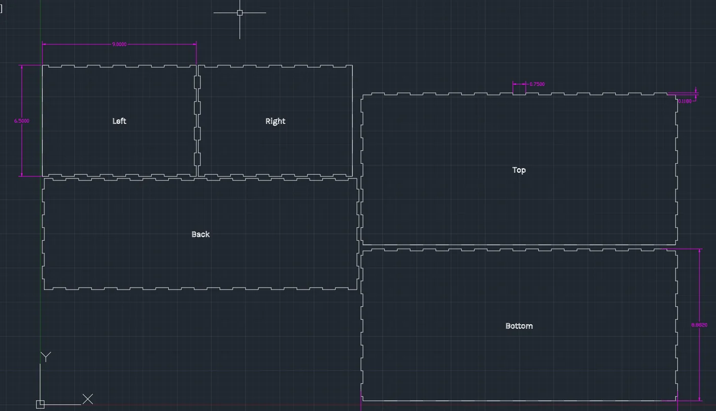 AutoCAD layout of the laser-cut panels with interlocking edges, labeled left, right, top, back, and bottom