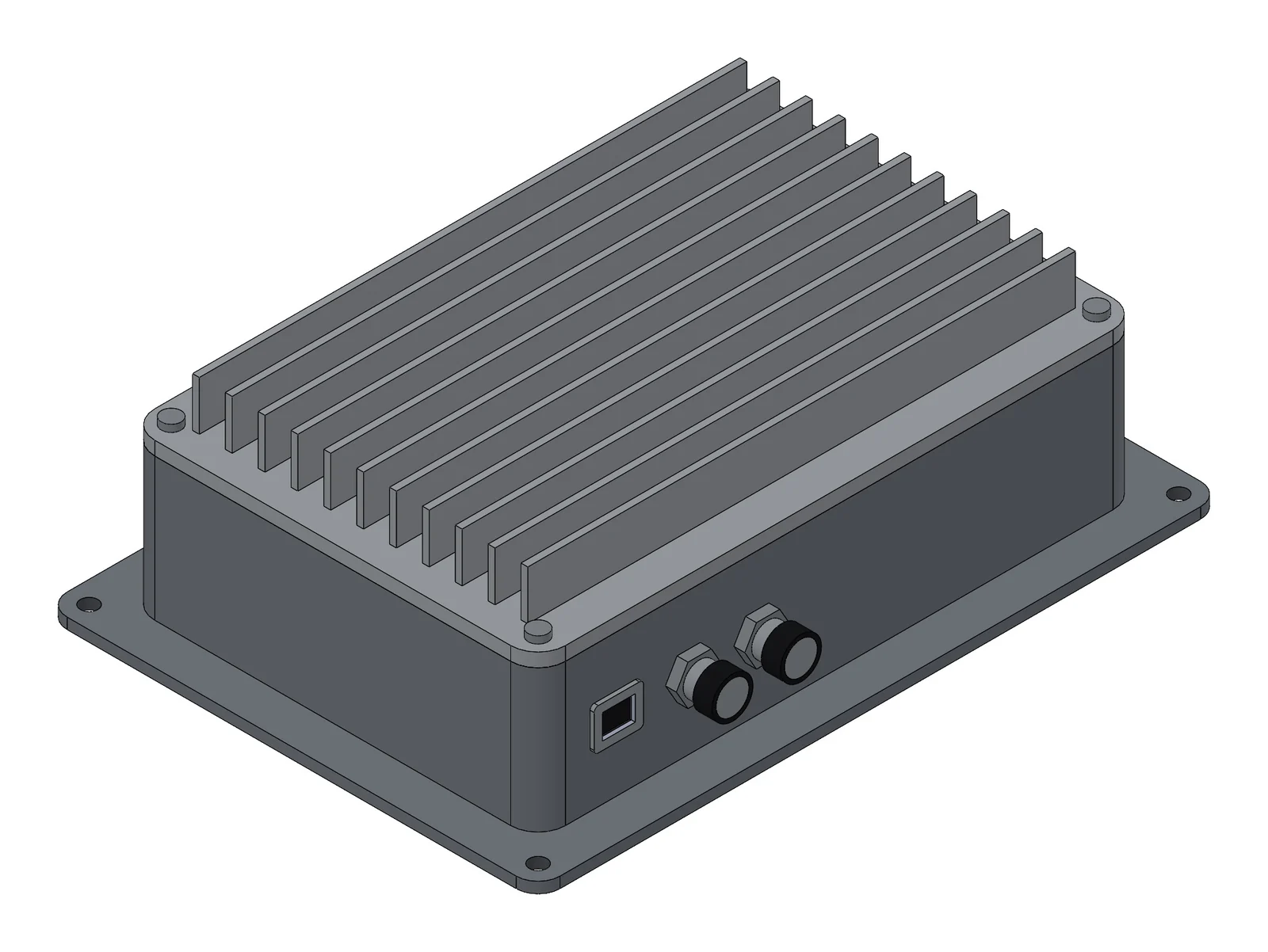 Concept model with the lid on, from the back: the finned lid, a telemetry port, and two CAN connectors on the back wall