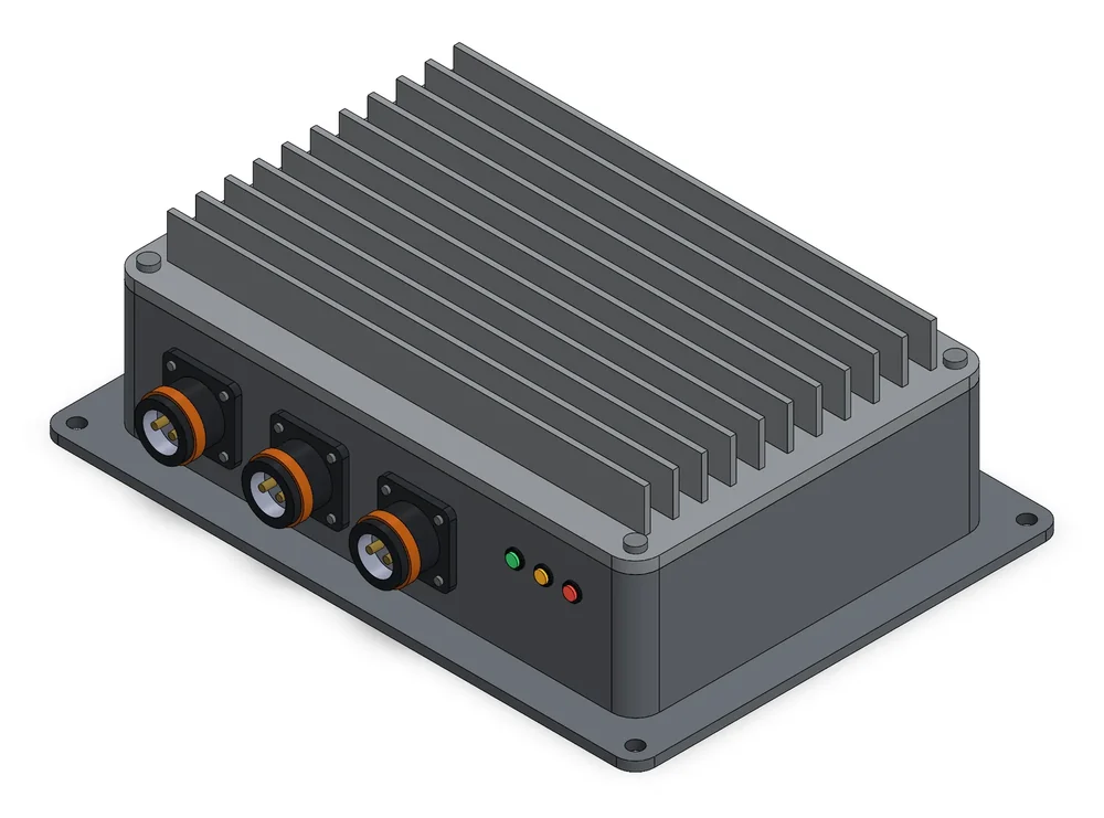 SolidWorks concept model of the smart power node: a flanged aluminum box with a finned radiator lid, two orange-banded DC bus connectors and a priority-load connector on the front, and green, amber, and red status LEDs
