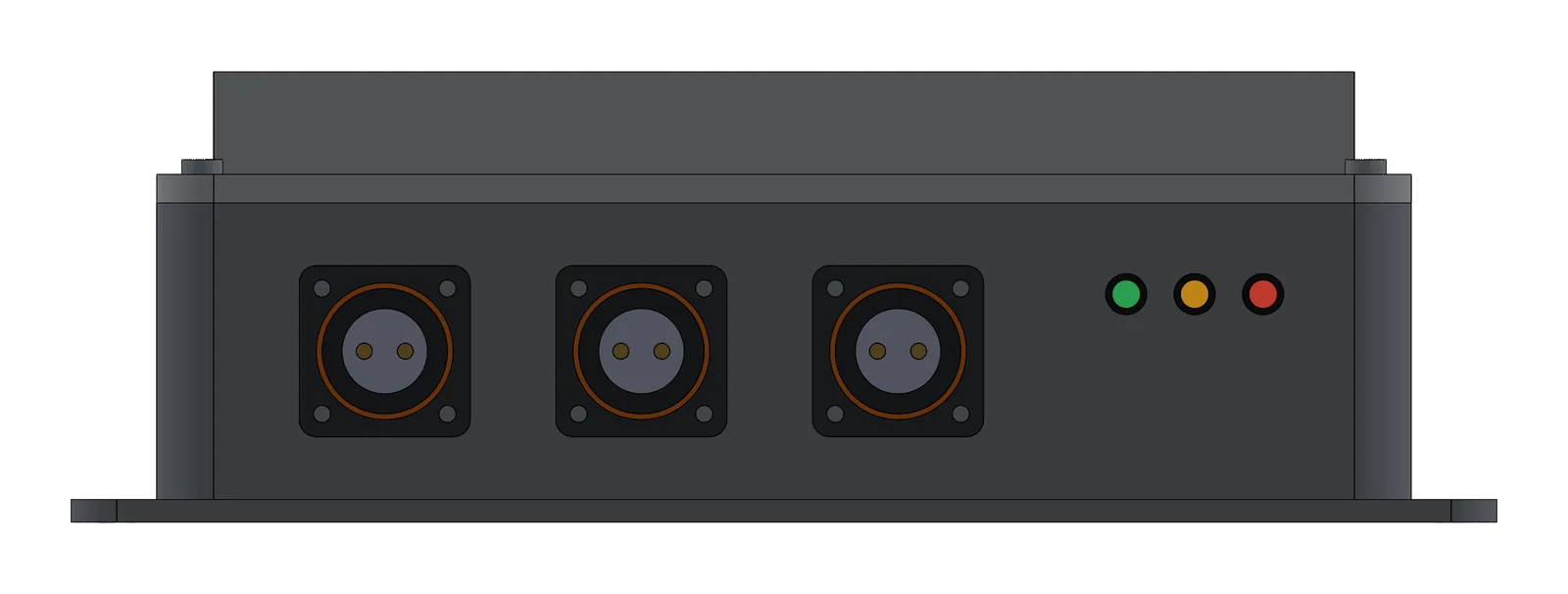 Straight-on front view of the concept model: DC bus A and B and the priority-load connector, each with an orange high-voltage band, beside green, amber, and red status LEDs