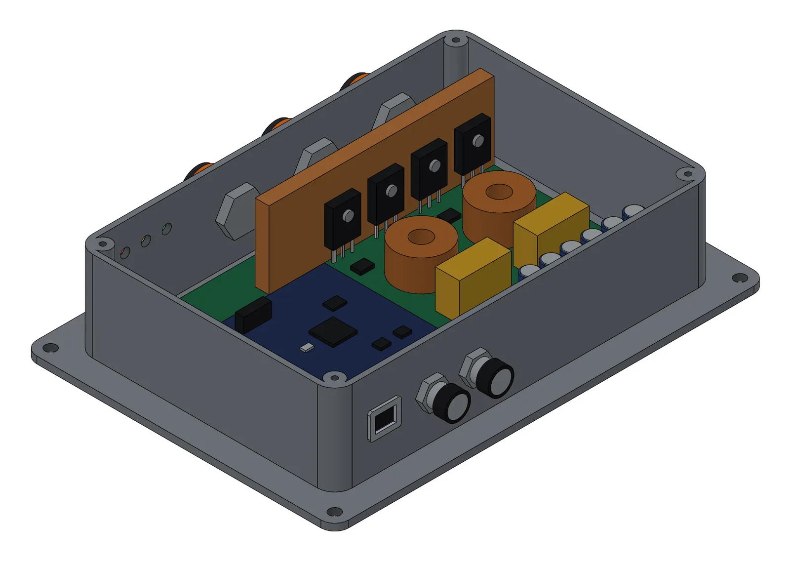 Concept model with the lid off, seen from the back: four black silicon-carbide switches clamped to a copper bar, two copper toroid inductors, yellow film capacitors, a row of blue bus capacitors, the navy controller board, and two CAN connectors and a telemetry port on the back wall