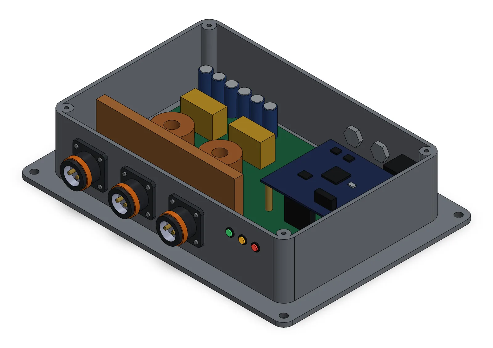 Concept model with the lid off, seen from the front: the three front connectors, the tall copper heat bar behind them, inductors, capacitors, and the controller board on brass standoffs