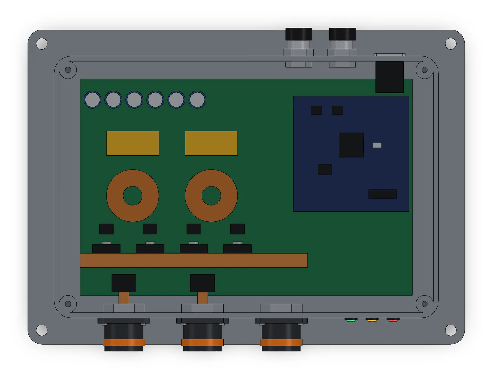 Top view of the concept model with the lid off, showing the board layout from the front connectors and current sensors to the controller board and back-wall connectors