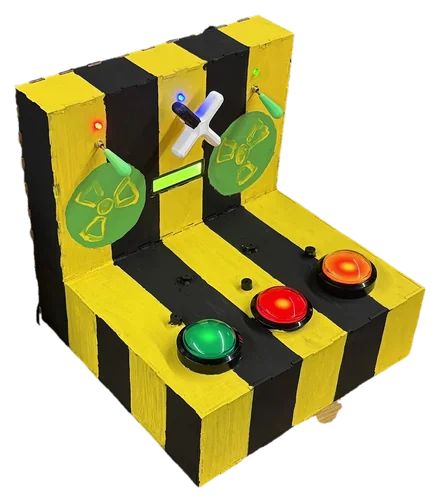 Three-quarter view of the reaction game showing its hazard-striped side walls and deep control surface