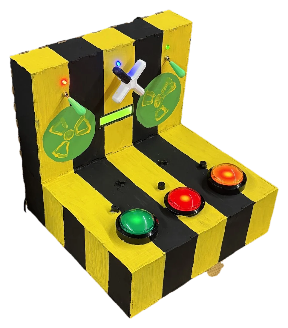 Three-quarter view of the reaction game showing its hazard-striped side walls and deep control surface