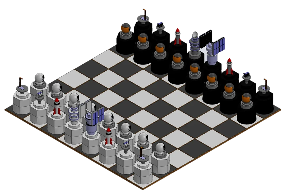 SolidWorks render of the chessboard set up for play: a white set and a black set, each with astronaut-helmet pawns, rovers, rockets, launch pads, a satellite-dish queen and an orbital-satellite king