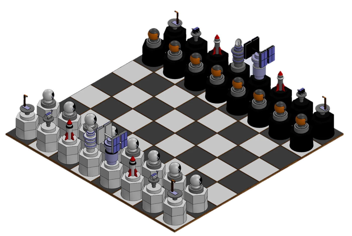 SolidWorks render of the full chess set assembly on its board