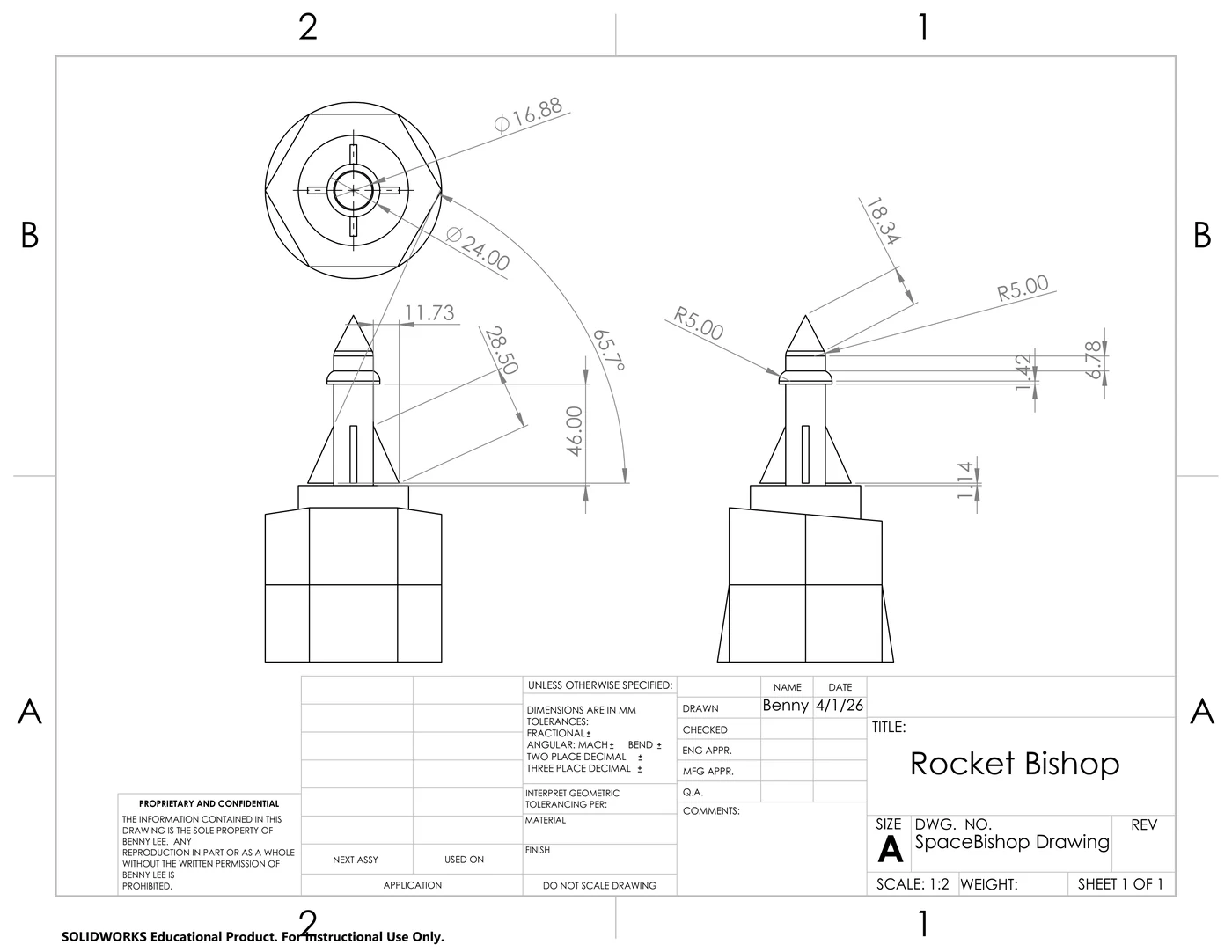 SolidWorks drawing of the rocket bishop, with dimensioned top, front and side views of the nose cone and fins