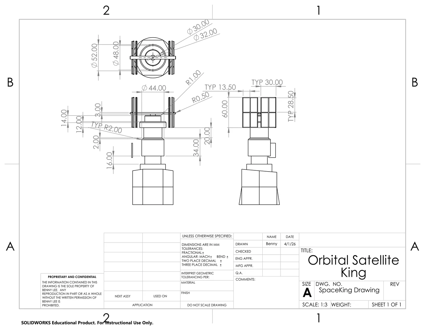 SolidWorks drawing of the orbital-satellite king, with dimensioned top, front and side views of its solar-panel arms