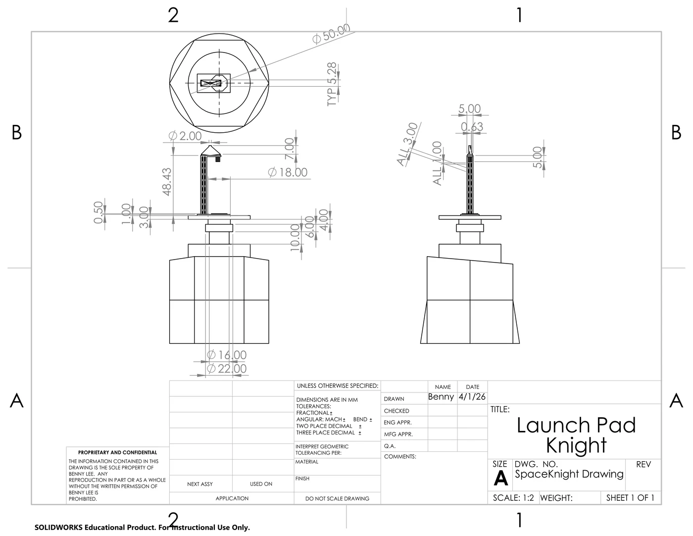SolidWorks drawing of the launch-pad knight, with dimensioned top, front and side views of the launch tower