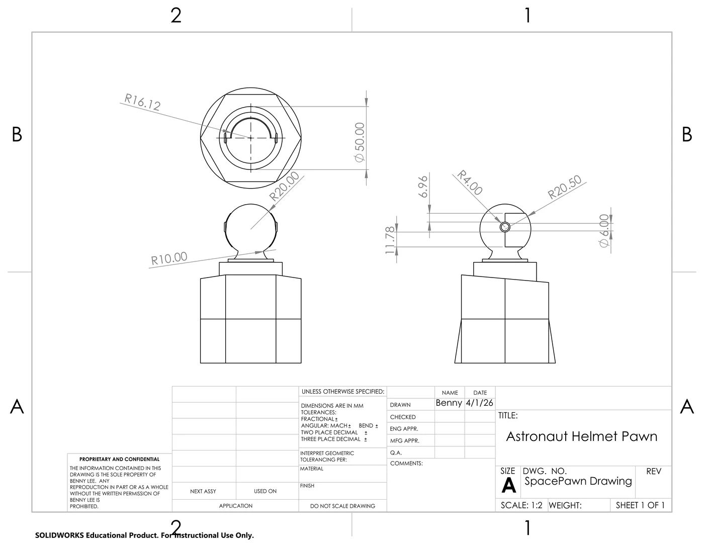 SolidWorks drawing of the astronaut-helmet pawn, with dimensioned top, front and side views of the helmet