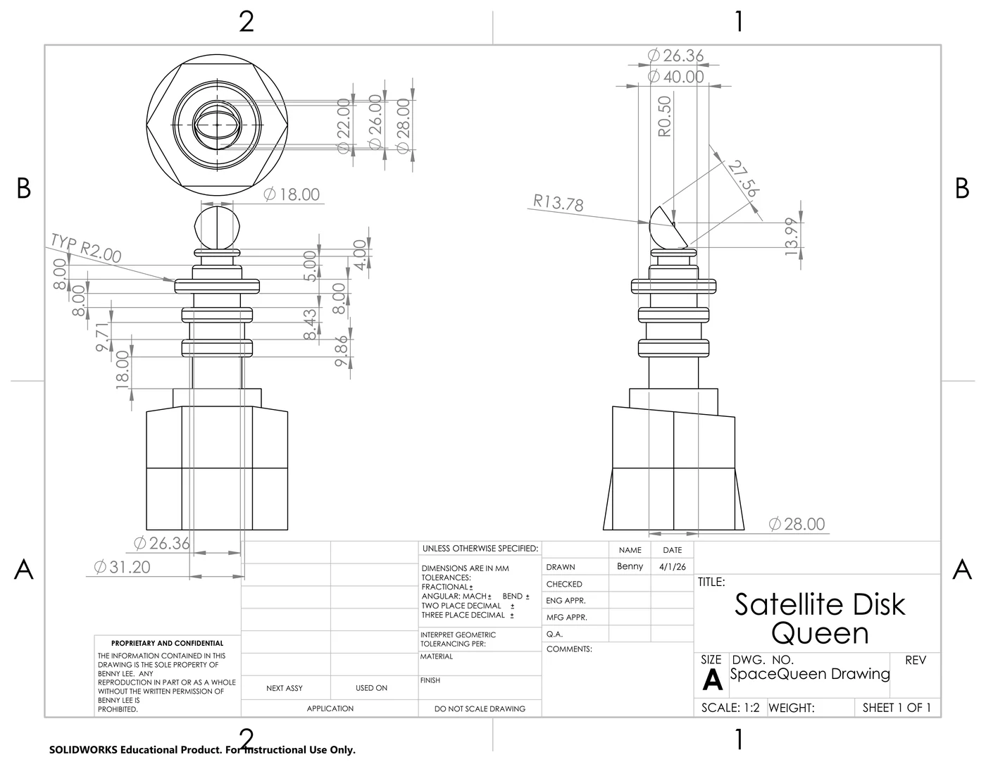 SolidWorks drawing of the satellite-disk queen, with dimensioned top, front and side views of its stacked rings and dish