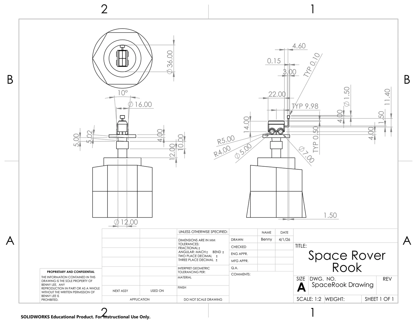SolidWorks drawing of the space-rover rook, with dimensioned top, front and side views of the rover, its wheels and antenna