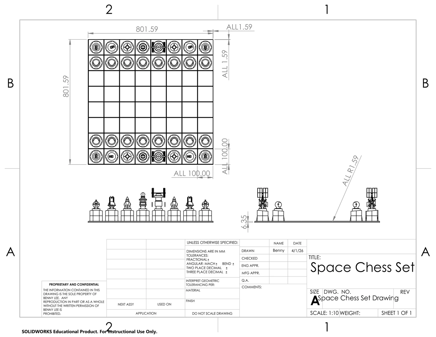 SolidWorks drawing of the full Space Chess Set: a top view of the 801.59 mm board with all 32 pieces on their starting squares, plus front and side views, dimensioned in millimeters